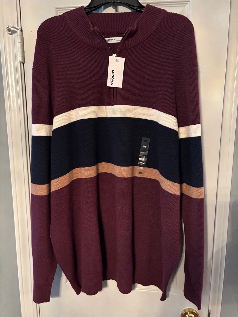 Sonoma Cranberry Quarter Zip Sweater with Navy White Tan Middle Stripes NWT